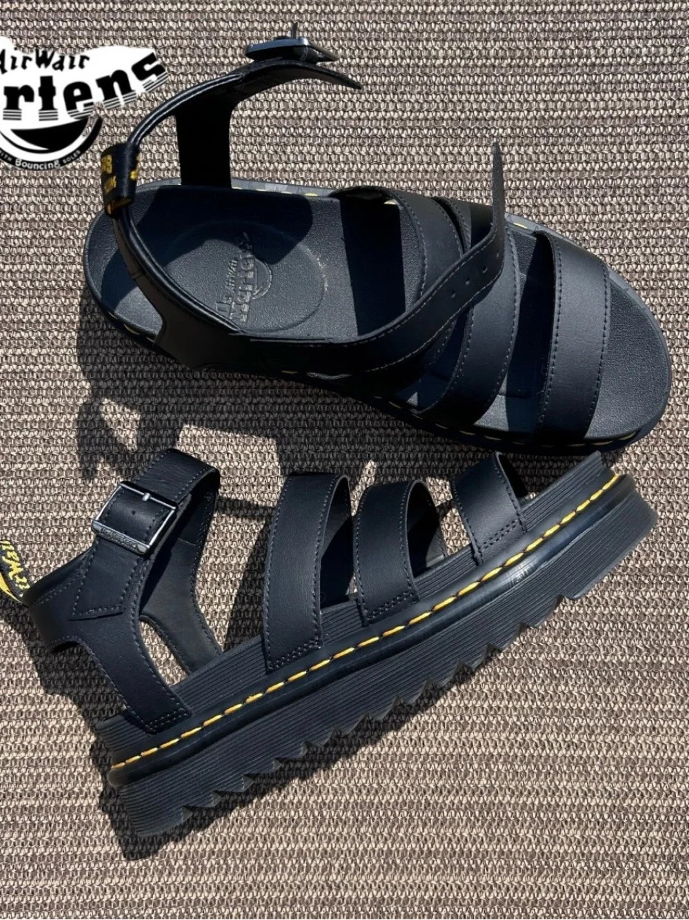 Dr. Martens Black Leather Multi-Strap Sandals with Yellow Stitching